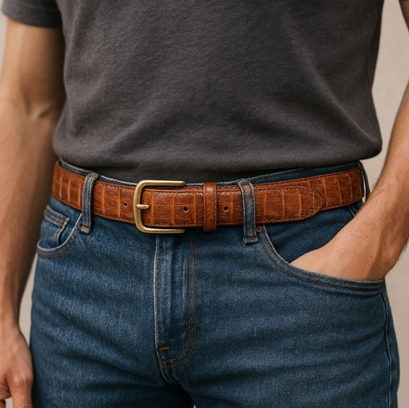 CROCO EMBOSSED BROWN GENUINE LEATHER CASUAL DRESS MEN'S BELT Size 40 - Picture 1 of 10
